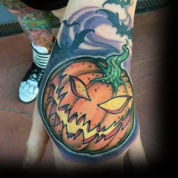 Mens Hands Yellow Halloween Pumpkin Tattoo