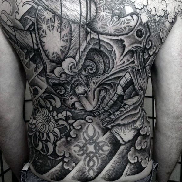 Mens Hannya Mask Dotwork Full Back Tattoo