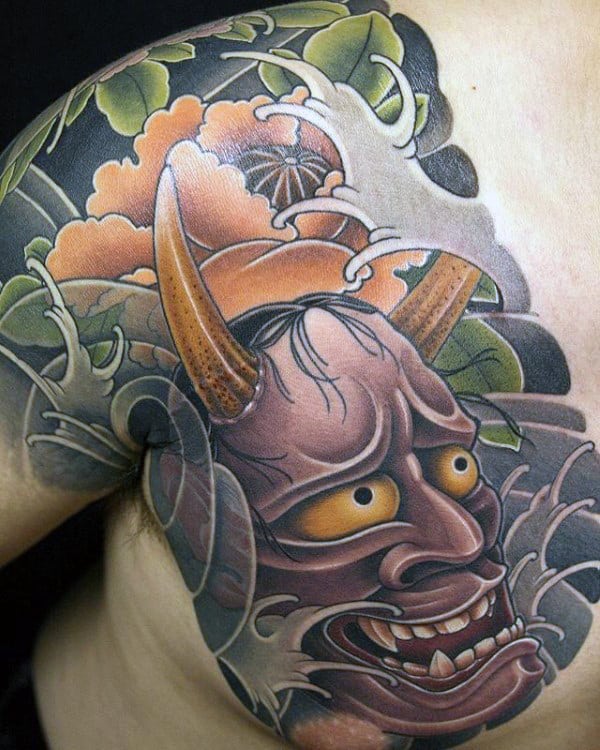 Mens Hannya Mask Japanese Chest And Shoulder Tattoo