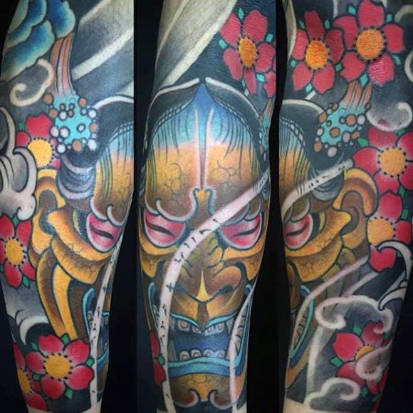 Mens Hannya Mask Mens Sleeve Tattoo With Floral Design