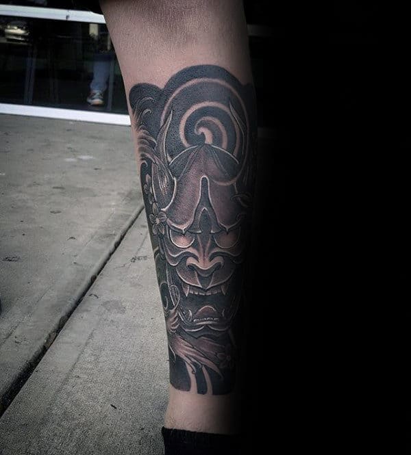 Mens Hannya Mask Shin Tattoo Design