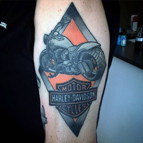 Mens Harley Davidson Arm Tattoo With Black And Orange Ink