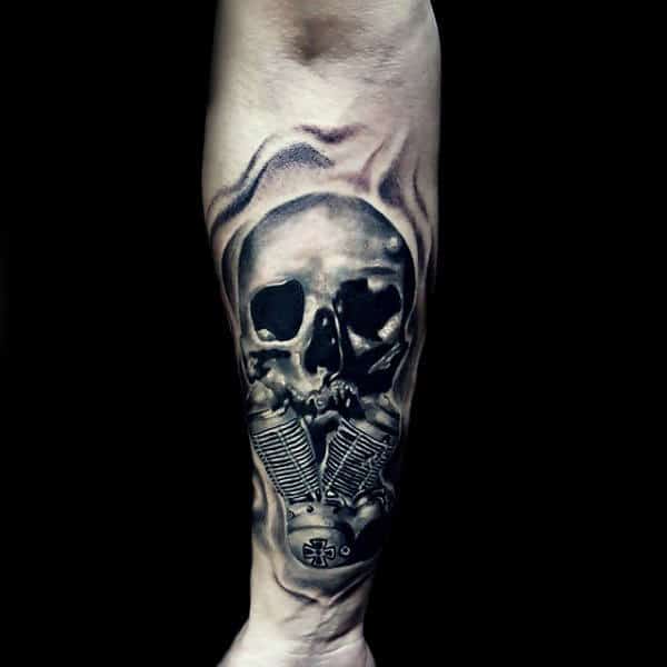 Mens Harley Davidson Skull With Motor Forearm Sleeve Tattoo
