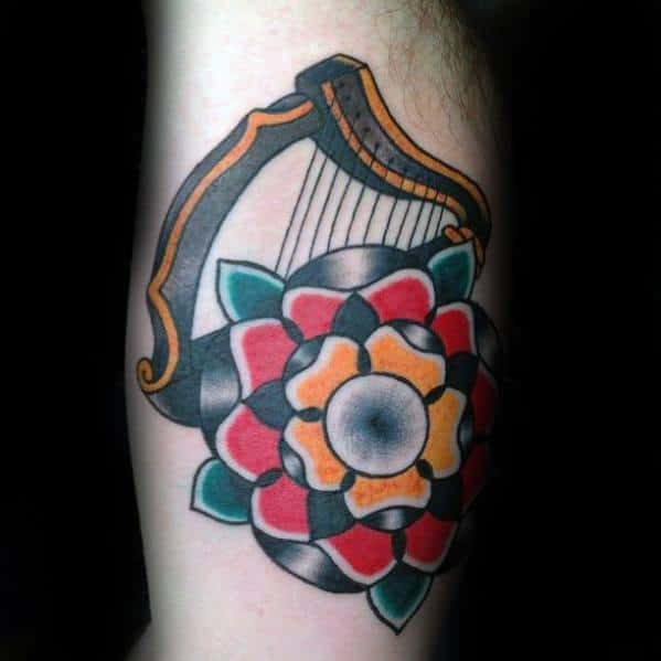 Mens Harp Tattoo Inner Arm Traditional Design