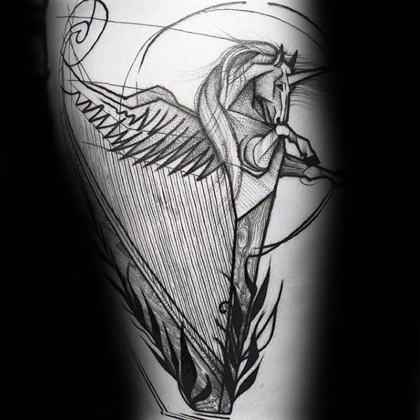 Mens Harp Tattoo Sketched Design On Leg