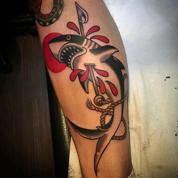 Mens Harpoon Shark Traditional Lower Leg Tattoos