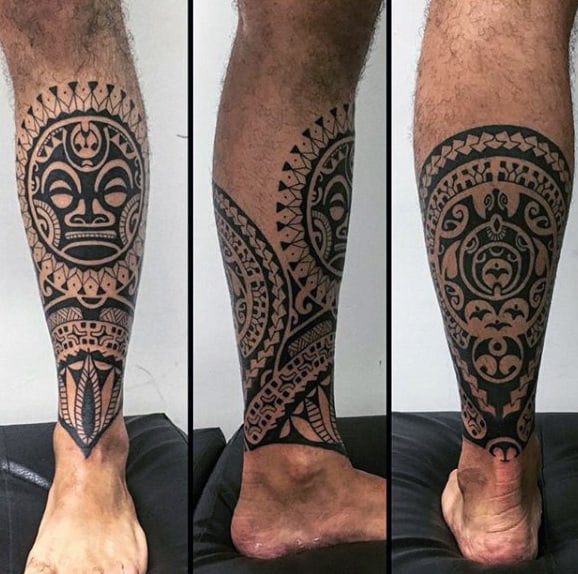 Mens Hawaiian Sun Tribal Leg Tattoos