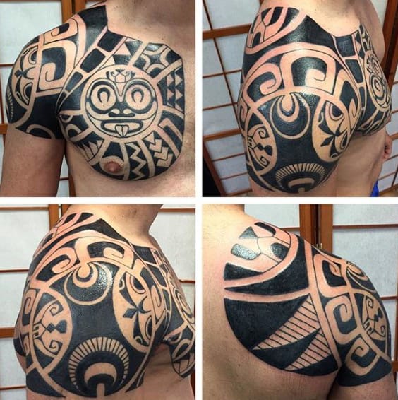 Mens Hawaiian Tribal Shoulder And Chest Tattoos