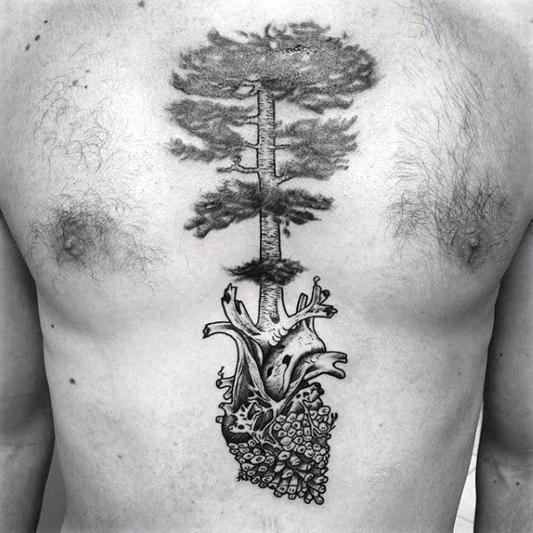 Mens Heart With Pine Cone And Tree Chest Tattoo