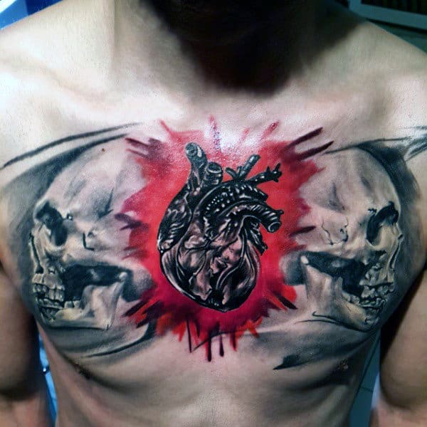 Mens Heart With Skulls Awesome Watercolor Chest Tattoo