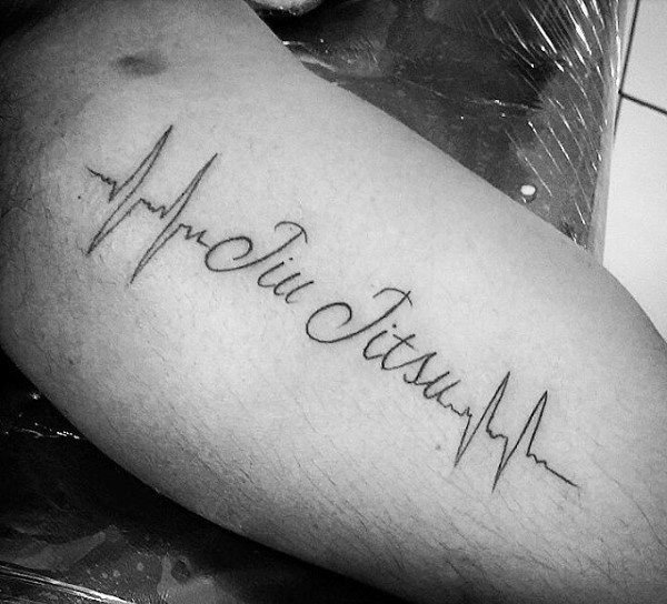 Mens Heartbeat Jiu Jitsu Word Tattoo On Bicep