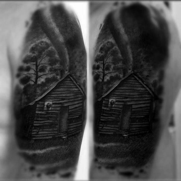 Mens Heavily Shaded Black And Grey Cabin Tornado Arm Tattoo