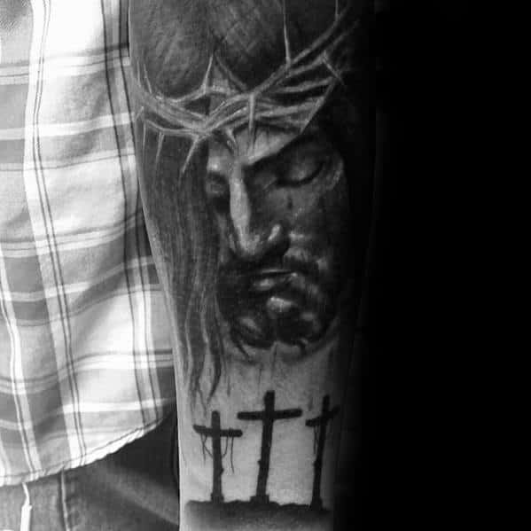 Mens Heavily Shaded Catholic Three Crosses Jesus Forearm Tattoo