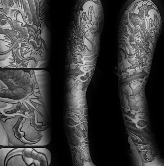 Mens Heavily Shaded Dragon Full Arm Tattoos