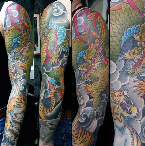 Mens Hideous Dragon Japanese Sleeve Tattoo