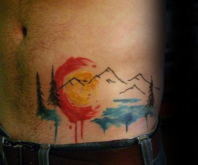 Mens Hip Ribs Colorado Watercolor Tattoos