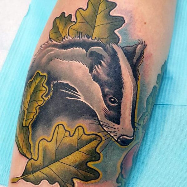 Mens Honey Badger Leaves Arm Tattoo