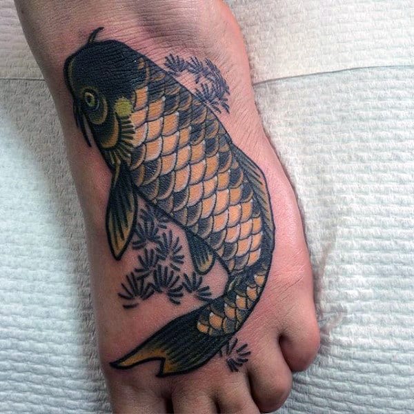 Honey Colored Fish Tattoo On Foot