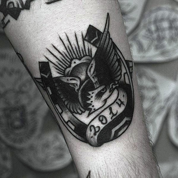 Mens Horseshoe Bald Eagle Black Ink Arm Tattoos