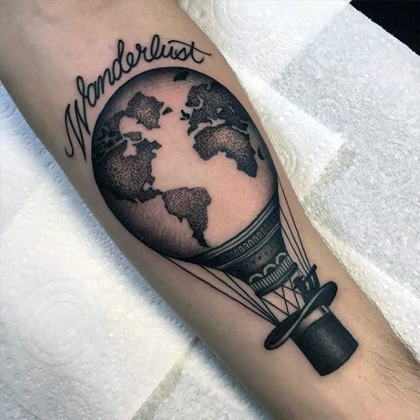 Mens Hot Air Ballon Globe Wanderlust Inner Forearm Tattoo