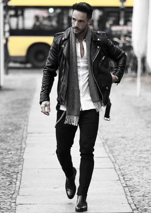 Mens How To Wear A Leather Jacket Leather Jacket Outfits Styles Fall Season Scarf