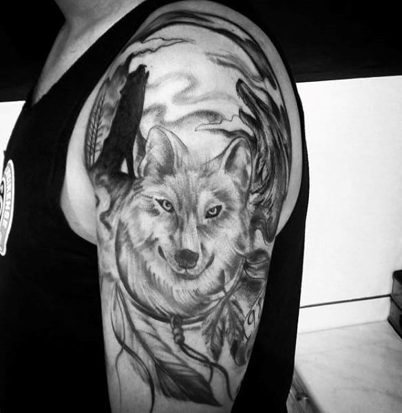 Mens Howling Wolf Themed Dreamcatcher Tattoos On Arm