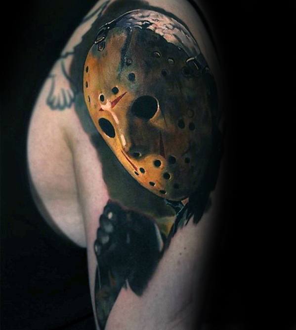 Mens Hyper Realistic 3d Arm Jason Mask Tattoo Design Ideas