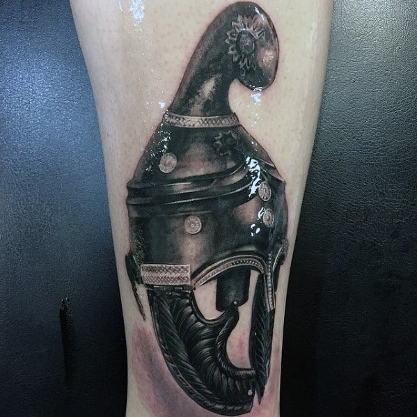 Mens Hyper Realistic 3d Spartan Helmet Tattoo On Forearm