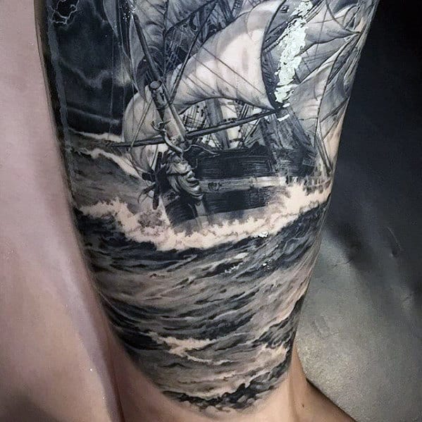 Mens Hyper Realistic Boat Sailing On Ocean Waves Sleeve Tattoo