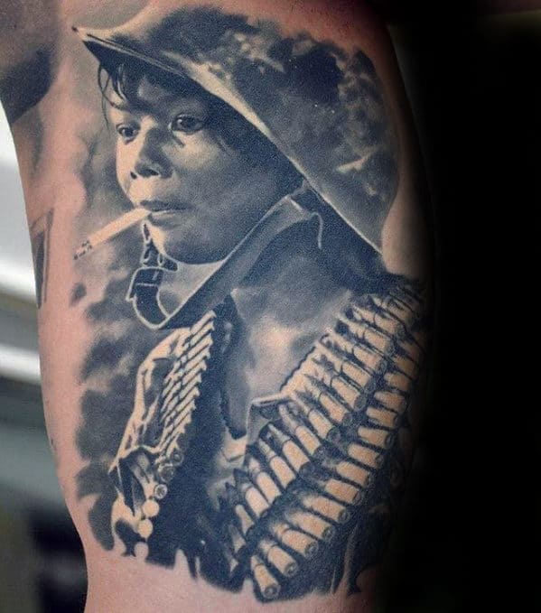 Mens Hyper Realistic Child Soilder Inner Arm Bicep Tattoo