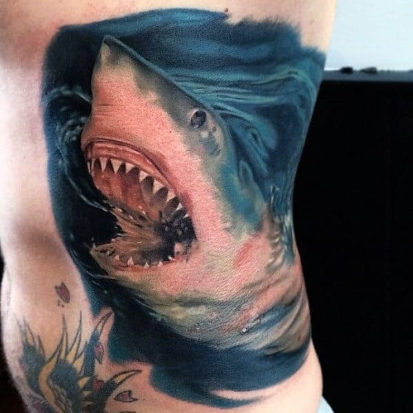 Mens Hyper Realistic Rib Cage Side Shark Tattoo