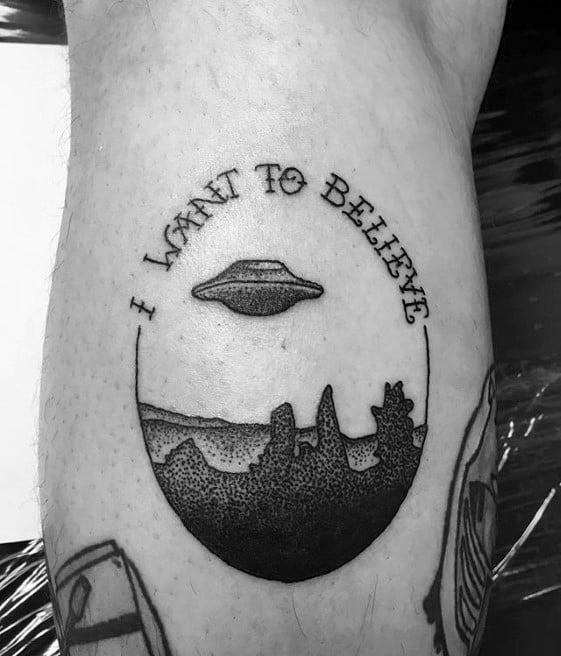 Mens I Want To Believe X Files Leg Calf Tattoo Design Ideas