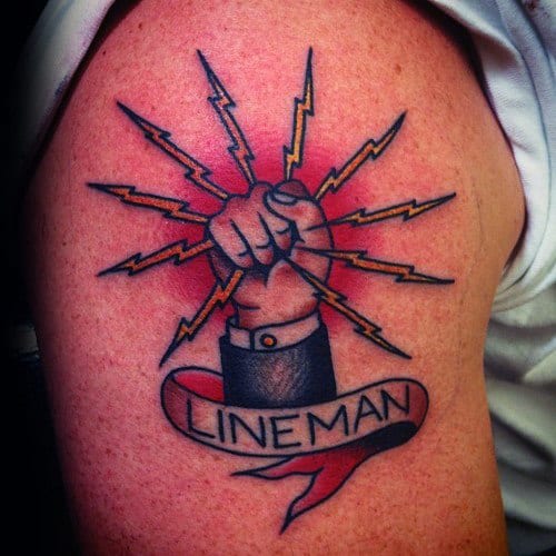 Mens Ibew With Banner Lineman Upper Arm Tattoo