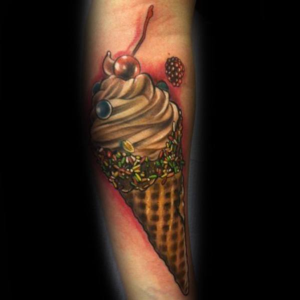Realistic tattoo of a chocolate soft-serve ice cream cone with sprinkles, a cherry on top, and detailed shading for a rich, three-dimensional look.