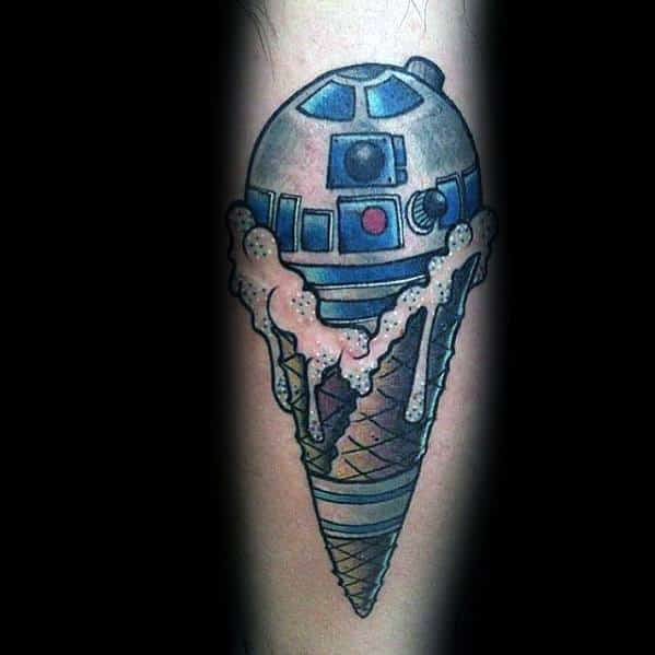 Tattoo of an ice cream cone with a sci-fi-inspired droid scoop, featuring mechanical details, melting effects, and a mix of blue and metallic tones.