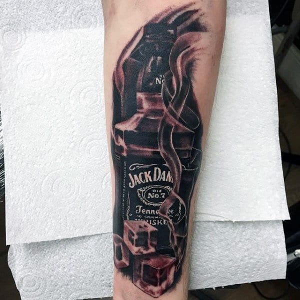 Mens Ice Cubes With Jack Daniels Inner Forearm Tattoos