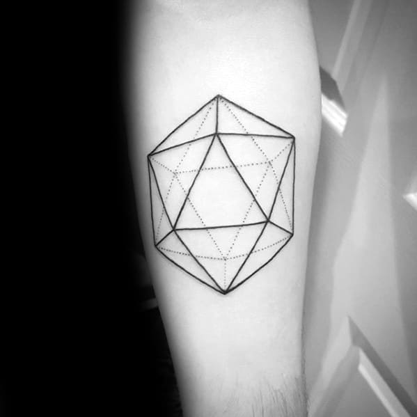 Simple icosahedron tattoo with bold outer lines and dotted inner geometry, placed cleanly on the forearm for a minimalist look.