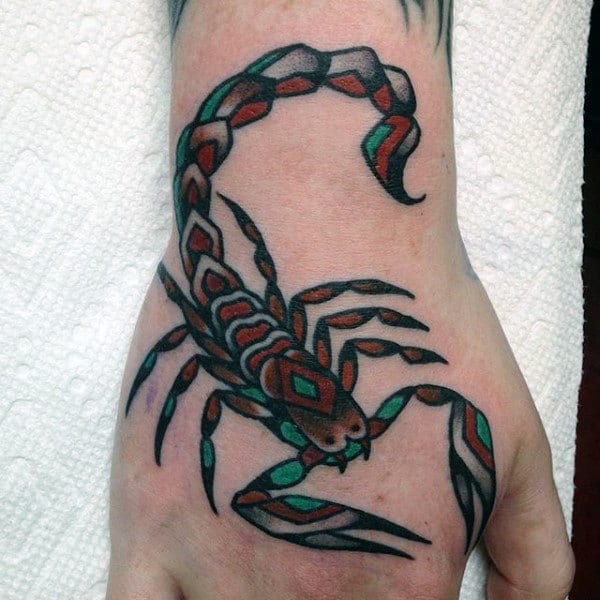 Mens Impressive Red Green Scorpion Tattoo On Hands