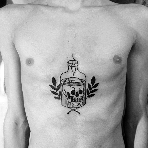Mens Incredible Skull In A Bottle Chest Tattoo Design Inspiration