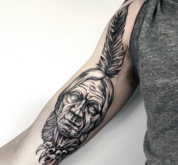 Mens Indian Head With Feather Tattoo On Inner Arm