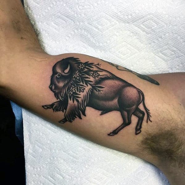 Mens Inner Arm Bicep Bison Tattoo