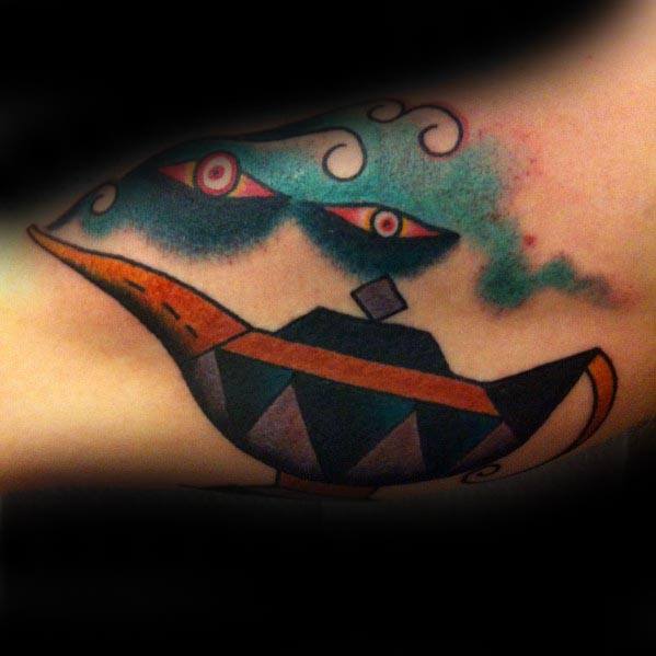 Abstract tattoo of a genie lamp with eyes and colorful swirling smoke