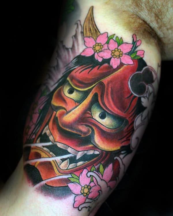 Mens Inner Arm Bicep Hannya Mask Tattoo
