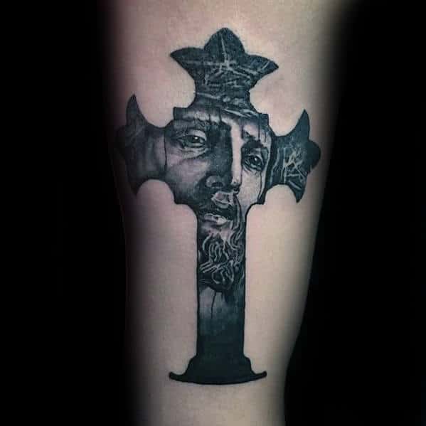 Mens Inner Arm Bicep Jesus Portrait Inside Cross Catholic Tattoo