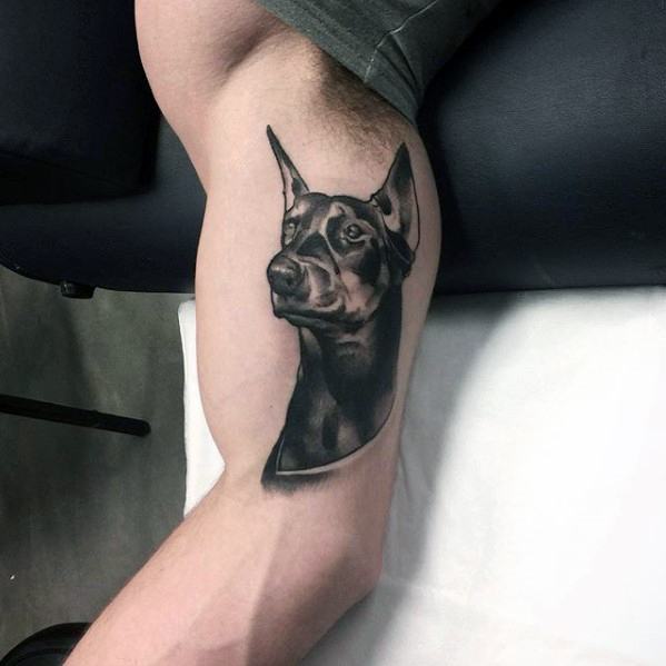 Realistic black and grey Doberman tattoo on the calf, featuring smooth shading and a focused, noble expression within a soft oval frame.