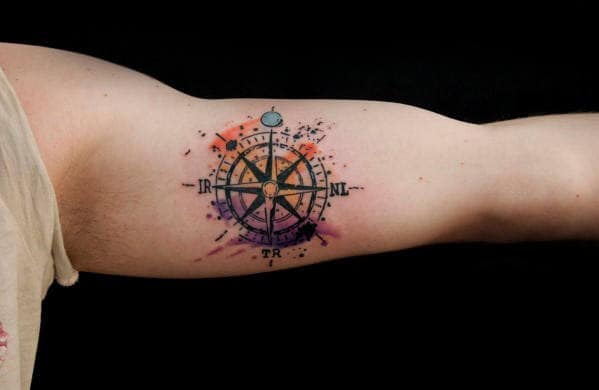 Mens Inner Arm Bicep Tattoo Watercolor Compass Design Ideas