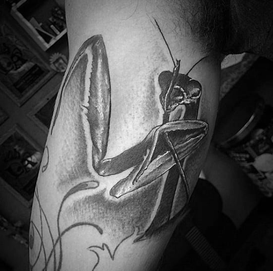 Mens Inner Arm Bicep Tattoo With Praying Mantis Design