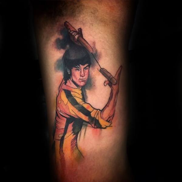 Mens Inner Arm Bicep Watercolor Tattoo Ideas With Bruce Lee Design