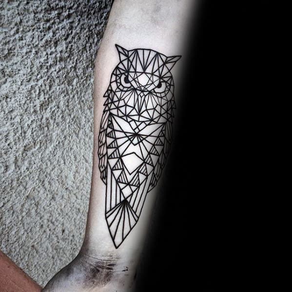 Mens Inner Forearm Black Ink Outline Geometric Owl Tattoo