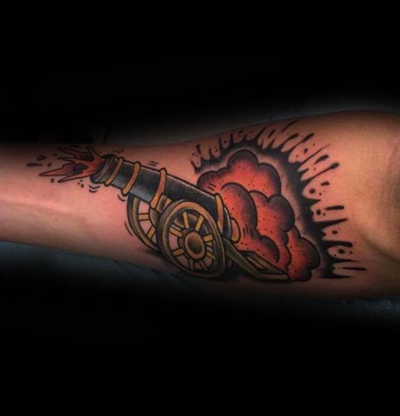 Mens Inner Forearm Blasting Cannon Tattoo Design Inspiration